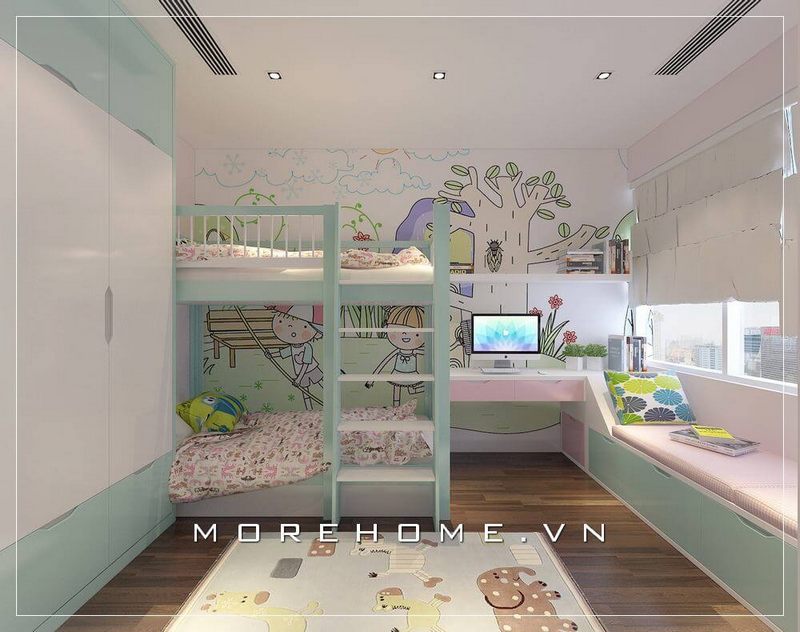 Nếu phòng ngủ nhà bạn nhỏ, thì lựa chọn giường tầng chính là giải pháp tiết kiệm diện tích nhất tại phòng ngủ con, các bé sẽ có thêm nhiều không gian nghỉ ngơi và riêng tư hơn