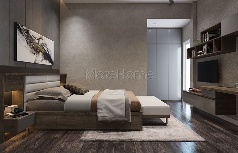 Mẫu giường ngủ gỗ bệt với thiết kế đầu giường bọc da hiện đại tạo cảm giác thư giãn cho gia chủ